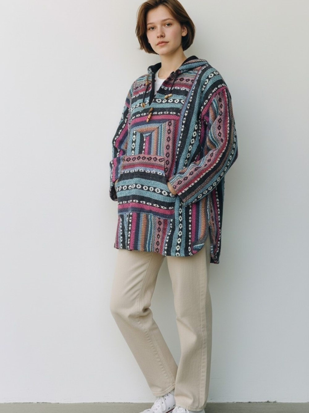 Boho, Hippie Striped Hoodie Pullover Jacket - Multicolor